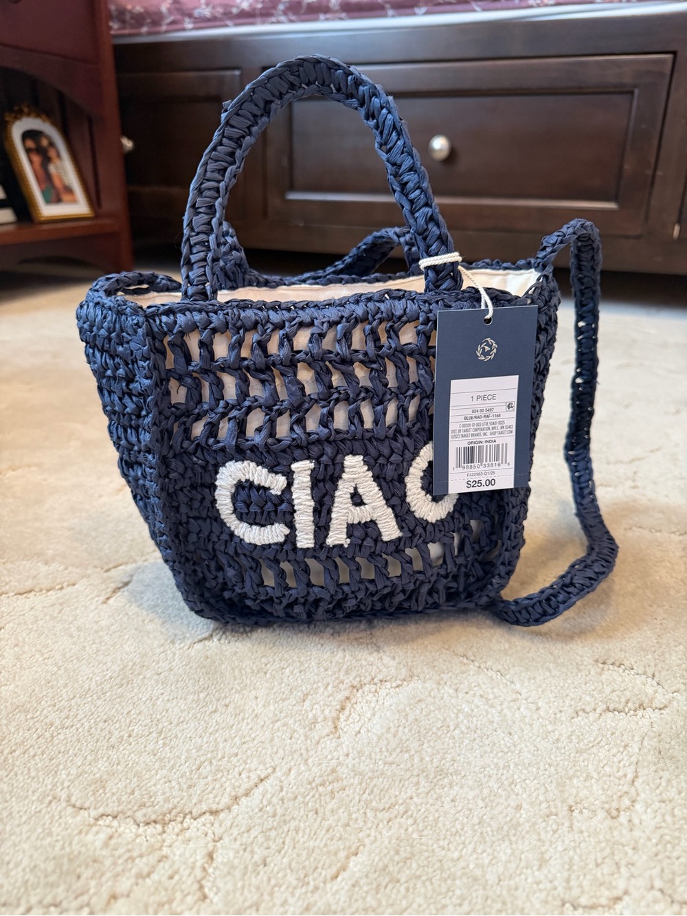 Navy Crochet Tote Bag with White Lettering - Women's Shoulder Bag
